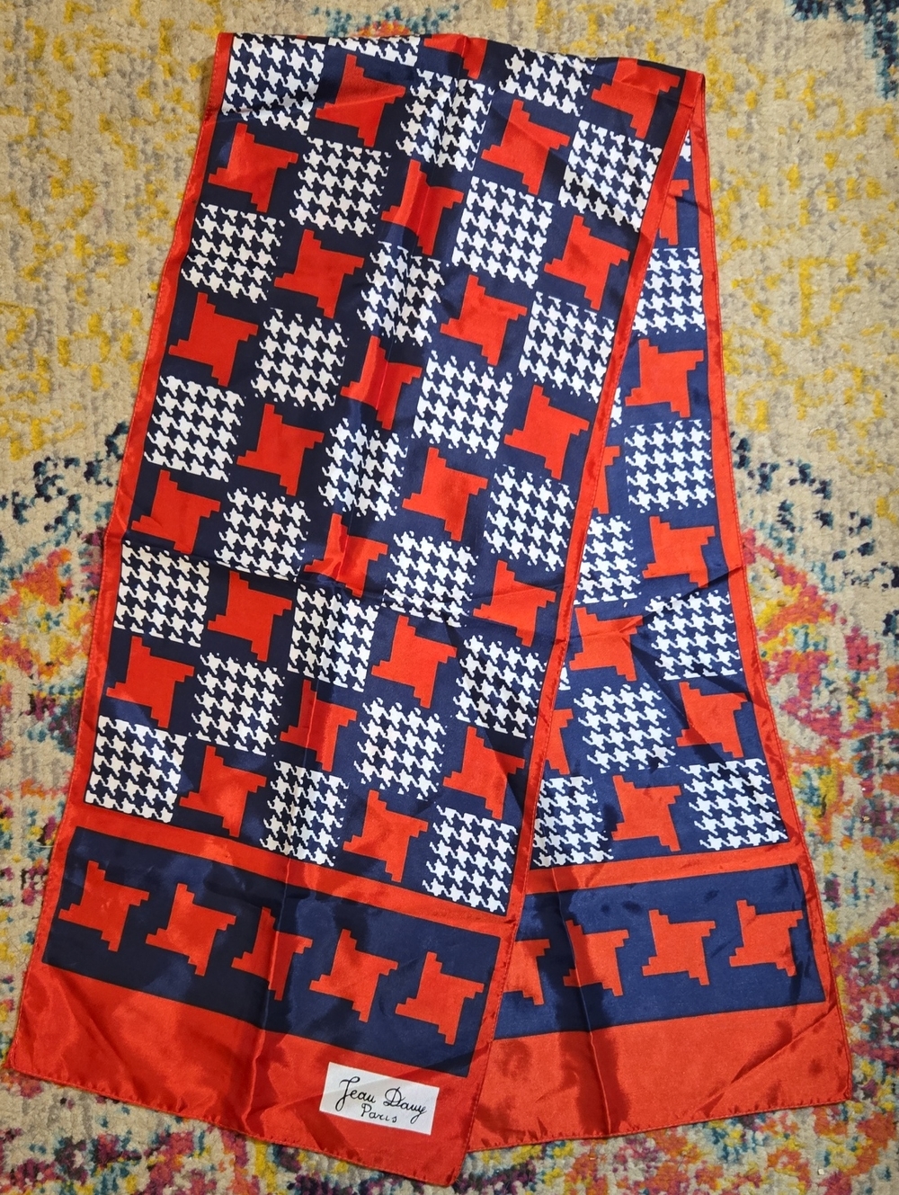 VTG Jean Davy Paris Geometric Houndstooth Long Scarf Red Navy White Waterproof